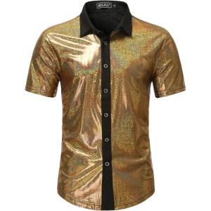 imageWULFUL Mens Disco Shirt Sequins Short Sleeve Button Down Shirts 70s Party Costume Dress ShirtsGold054