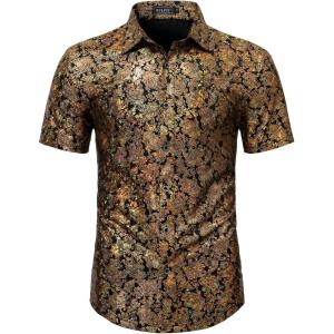 imageWULFUL Mens Disco Shirt Sequins Short Sleeve Button Down Shirts 70s Party Costume Dress ShirtsGold056
