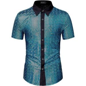 imageWULFUL Mens Disco Shirt Sequins Short Sleeve Button Down Shirts 70s Party Costume Dress ShirtsLake Blue