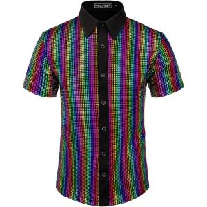 imageWULFUL Mens Disco Shirt Sequins Short Sleeve Button Down Shirts 70s Party Costume Dress ShirtsMuliticolor