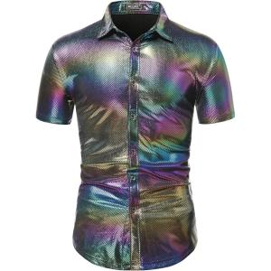 imageWULFUL Mens Disco Shirt Sequins Short Sleeve Button Down Shirts 70s Party Costume Dress ShirtsMulticolor0152