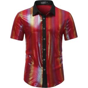 imageWULFUL Mens Disco Shirt Sequins Short Sleeve Button Down Shirts 70s Party Costume Dress ShirtsMulticolor053