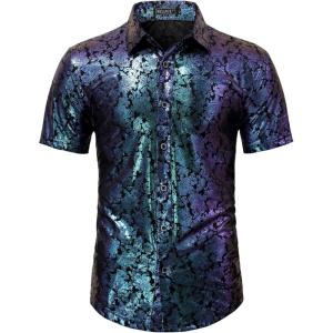 imageWULFUL Mens Disco Shirt Sequins Short Sleeve Button Down Shirts 70s Party Costume Dress ShirtsMulticolor056