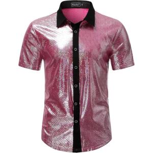 imageWULFUL Mens Disco Shirt Sequins Short Sleeve Button Down Shirts 70s Party Costume Dress ShirtsPink053