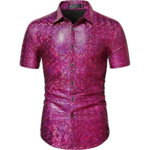 imageWULFUL Mens Disco Shirt Sequins Short Sleeve Button Down Shirts 70s Party Costume Dress ShirtsRose Red0150