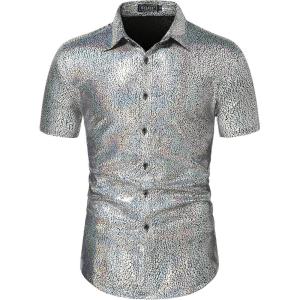 imageWULFUL Mens Disco Shirt Sequins Short Sleeve Button Down Shirts 70s Party Costume Dress ShirtsSilver0150