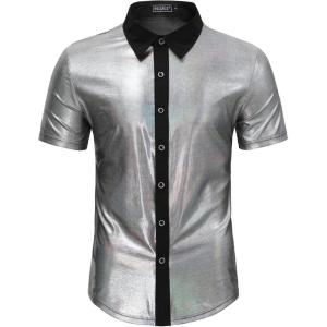imageWULFUL Mens Disco Shirt Sequins Short Sleeve Button Down Shirts 70s Party Costume Dress ShirtsSilver053