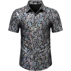imageWULFUL Mens Disco Shirt Sequins Short Sleeve Button Down Shirts 70s Party Costume Dress ShirtsSilver056