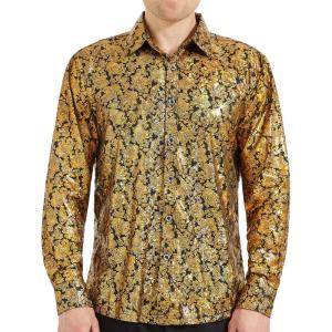 imageWULFUL Mens Luxury Disco Party Prom Paisley Gold Shiny Long Sleeve Dress Shirts Button Down ShirtsGold