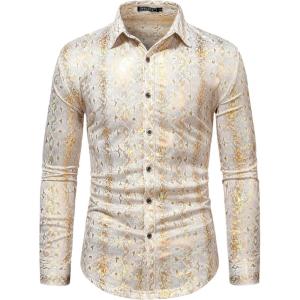 imageWULFUL Mens Luxury Disco Party Prom Paisley Gold Shiny Long Sleeve Dress Shirts Button Down ShirtsGoldwhite 0172