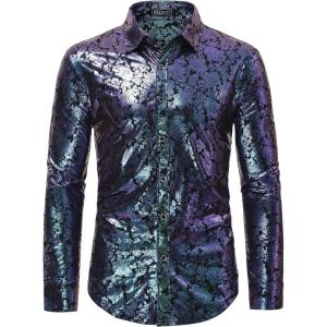 imageWULFUL Mens Luxury Disco Party Prom Paisley Gold Shiny Long Sleeve Dress Shirts Button Down ShirtsMulticolor
