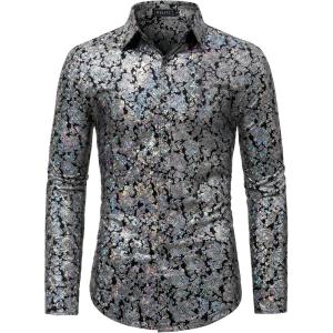 imageWULFUL Mens Luxury Disco Party Prom Paisley Gold Shiny Long Sleeve Dress Shirts Button Down ShirtsSilver