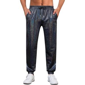 imageWULFUL Mens Metallic 70s Disco Costume Sequin Party Jogger PantsBlack