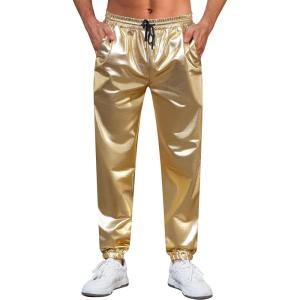 imageWULFUL Mens Metallic 70s Disco Costume Sequin Party Jogger PantsMetallicgold