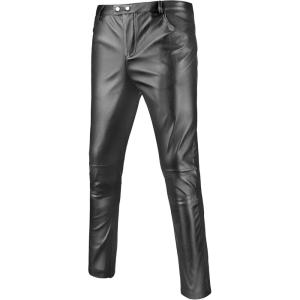imageWULFUL Mens Night Club Party Gold Leather Pants Metallic Straight Leg Bottoms Disco Halloween Costume