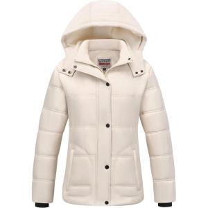 imageWULFUL Womens Winter Coats Lightweight Warm Thicken Puffer Jacket Waterproof Quilted Winter Jackets with Removable HoodKhaki
