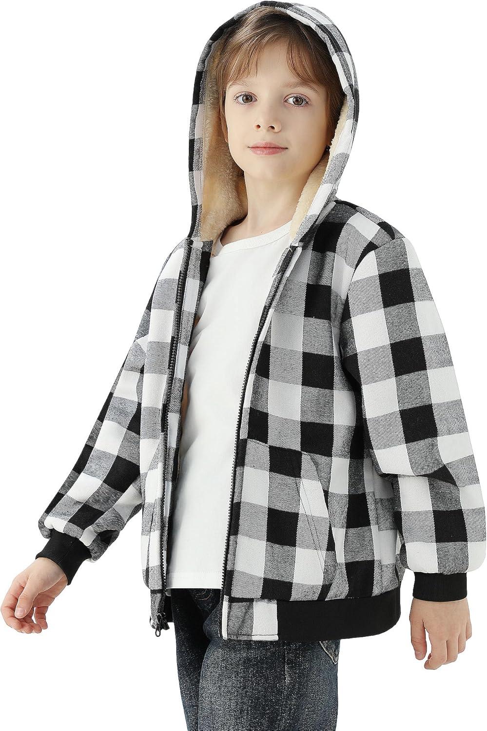 imageWULFUL Boys Flannel Fleece Jackets Plaid Sherpa Hoodie Zip Up Sweatshirt Winter Coat 514 YearsBlack 649