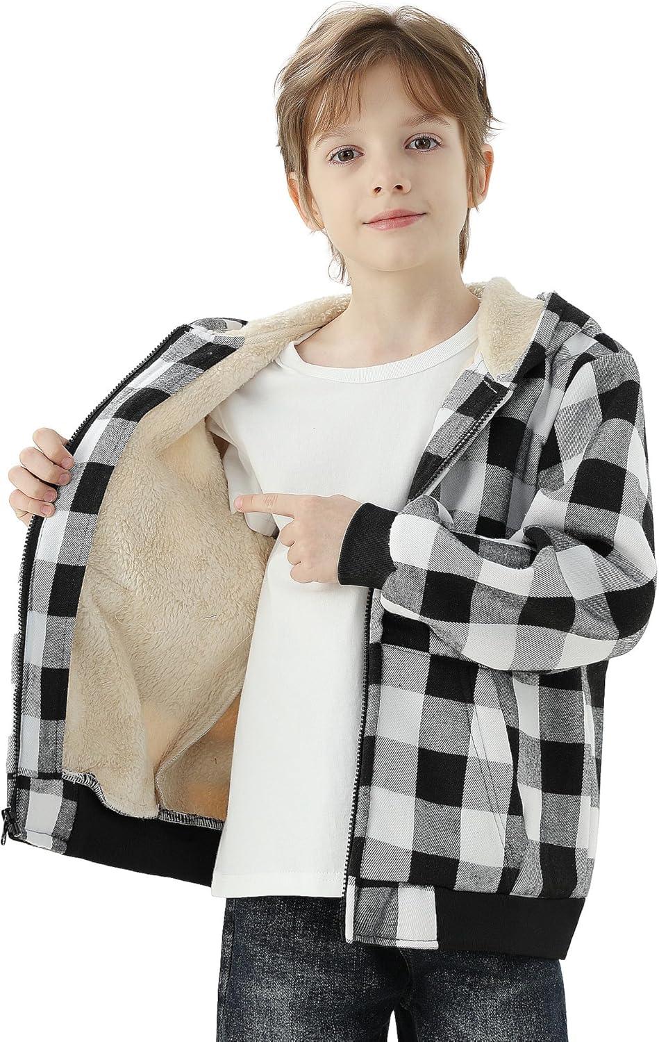 imageWULFUL Boys Flannel Fleece Jackets Plaid Sherpa Hoodie Zip Up Sweatshirt Winter Coat 514 YearsBlack 649