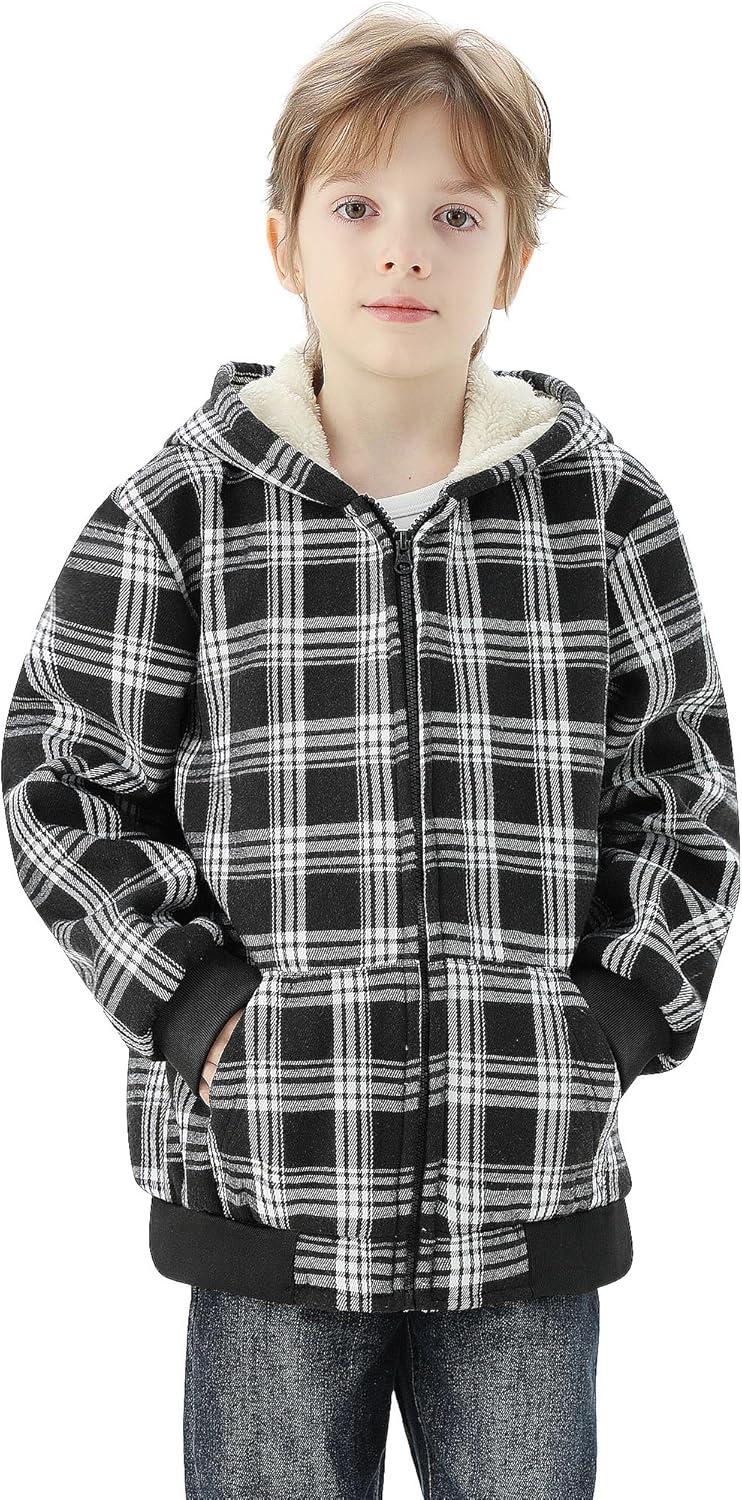 imageWULFUL Boys Flannel Fleece Jackets Plaid Sherpa Hoodie Zip Up Sweatshirt Winter Coat 514 YearsBlack 758