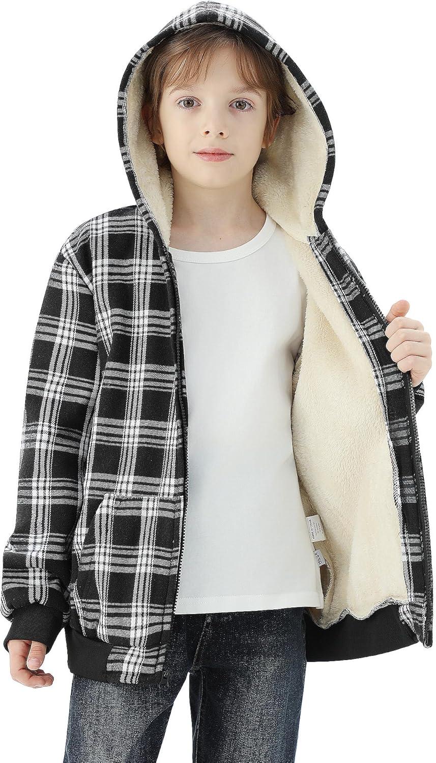 imageWULFUL Boys Flannel Fleece Jackets Plaid Sherpa Hoodie Zip Up Sweatshirt Winter Coat 514 YearsBlack 758