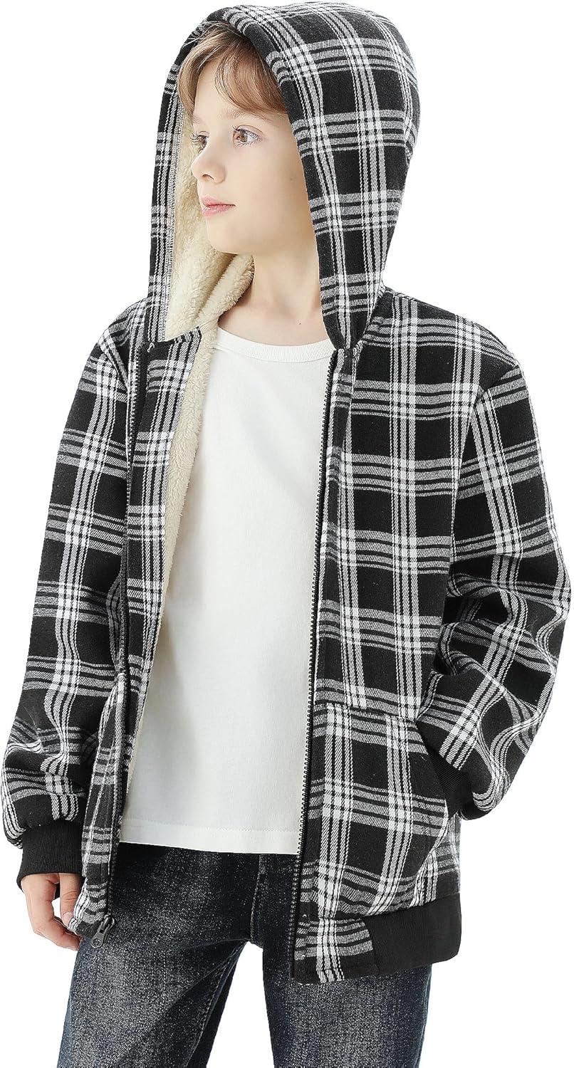 imageWULFUL Boys Flannel Fleece Jackets Plaid Sherpa Hoodie Zip Up Sweatshirt Winter Coat 514 YearsBlack 758