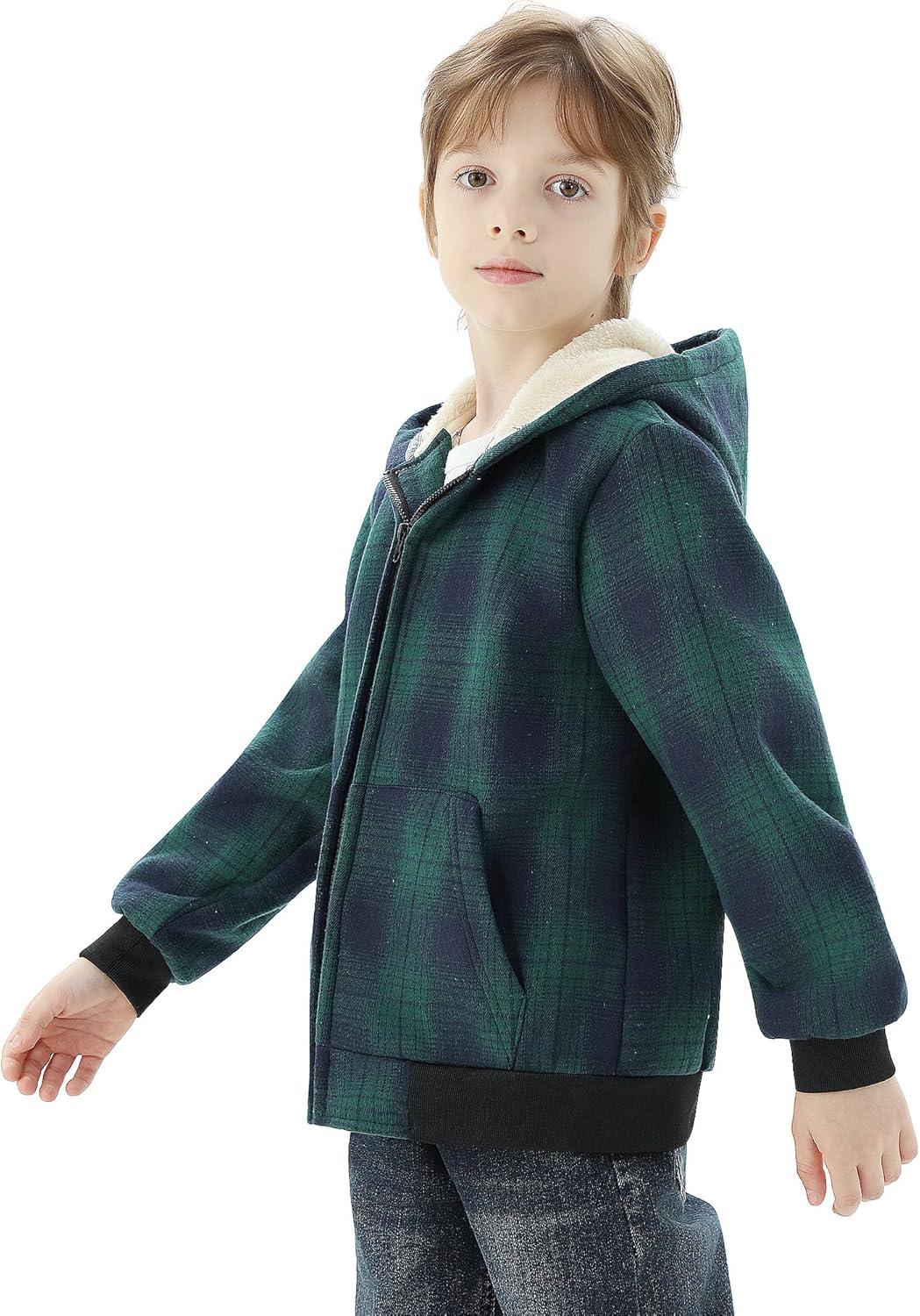 imageWULFUL Boys Flannel Fleece Jackets Plaid Sherpa Hoodie Zip Up Sweatshirt Winter Coat 514 YearsGreen 813