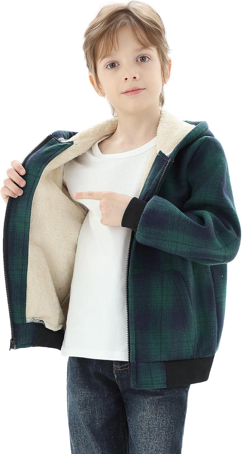 imageWULFUL Boys Flannel Fleece Jackets Plaid Sherpa Hoodie Zip Up Sweatshirt Winter Coat 514 YearsGreen 813