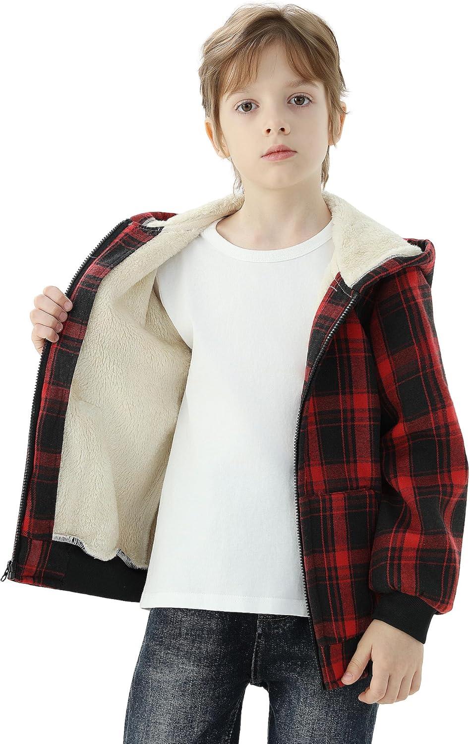 imageWULFUL Boys Flannel Fleece Jackets Plaid Sherpa Hoodie Zip Up Sweatshirt Winter Coat 514 YearsRed 711