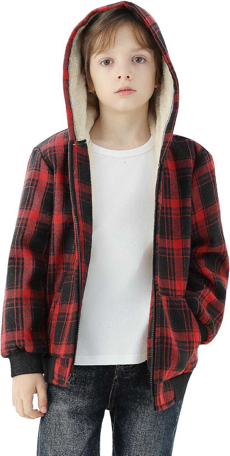 imageWULFUL Boys Flannel Fleece Jackets Plaid Sherpa Hoodie Zip Up Sweatshirt Winter Coat 514 YearsRed 711