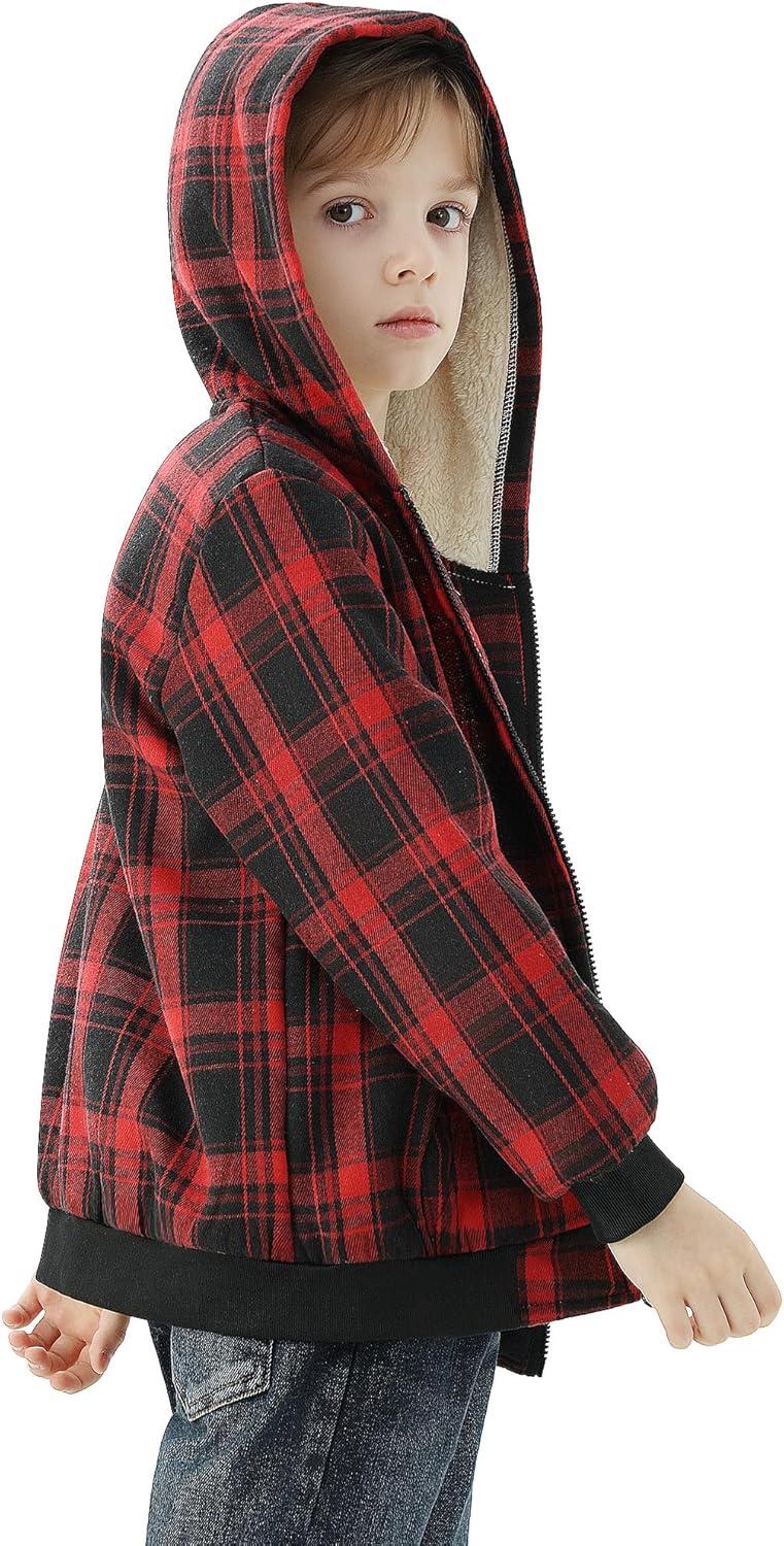imageWULFUL Boys Flannel Fleece Jackets Plaid Sherpa Hoodie Zip Up Sweatshirt Winter Coat 514 YearsRed 711