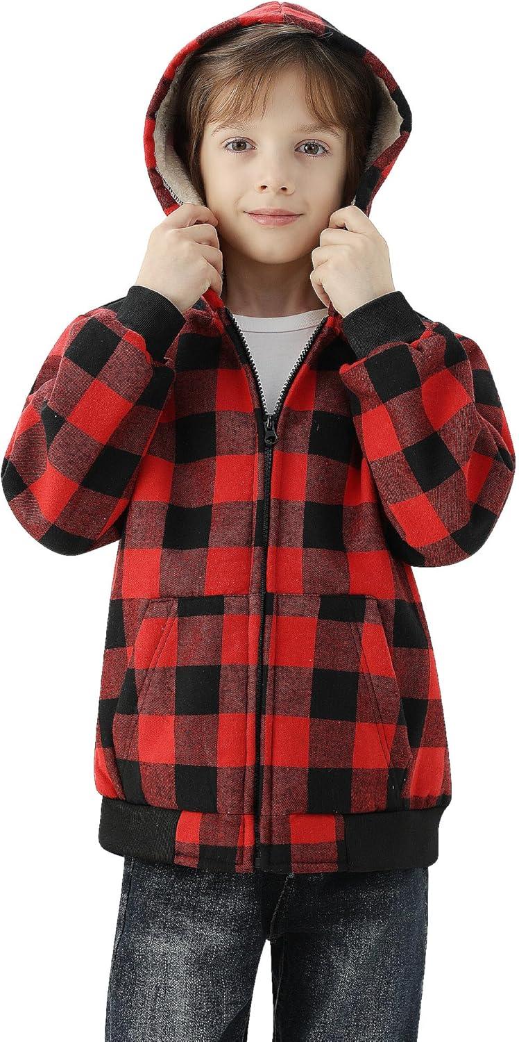 imageWULFUL Boys Flannel Fleece Jackets Plaid Sherpa Hoodie Zip Up Sweatshirt Winter Coat 514 YearsRed 798