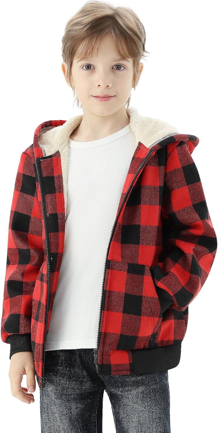 imageWULFUL Boys Flannel Fleece Jackets Plaid Sherpa Hoodie Zip Up Sweatshirt Winter Coat 514 YearsRed 798