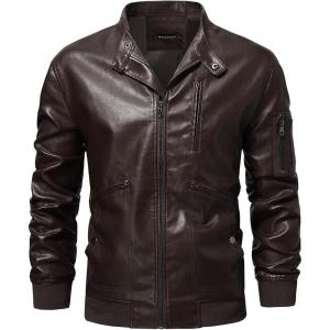 imageWULFUL Mens Faux Leather Jacket Stand Collar Lightweight Bomber JacketCoffee