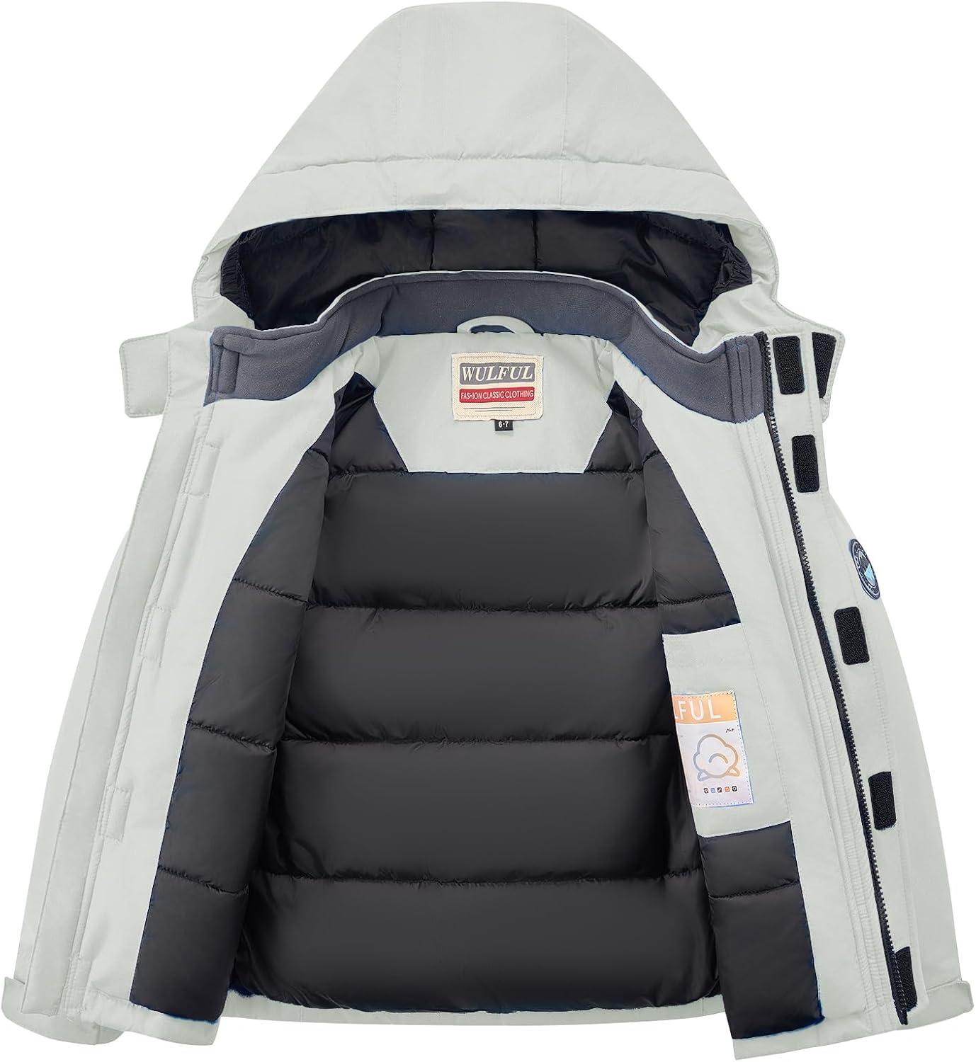 imageWULFUL Kids Waterproof Ski Jacket Warm Fleece Hooded Boys and Girls Winter Snow Coat OutwearWindproof RainCoatLight Gray