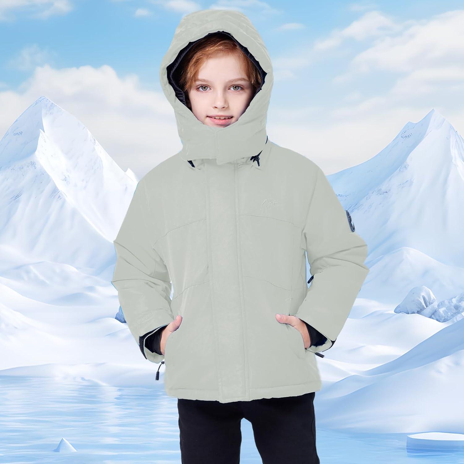 imageWULFUL Kids Waterproof Ski Jacket Warm Fleece Hooded Boys and Girls Winter Snow Coat OutwearWindproof RainCoatLight Gray