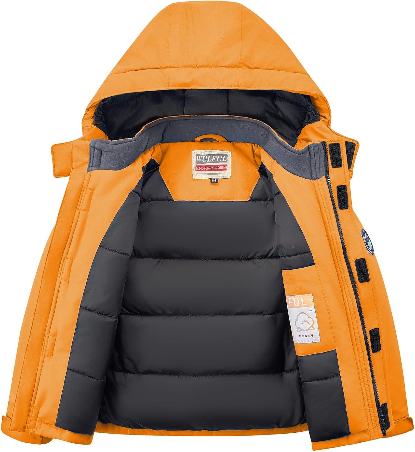 imageWULFUL Kids Waterproof Ski Jacket Warm Fleece Hooded Boys and Girls Winter Snow Coat OutwearWindproof RainCoatOrange