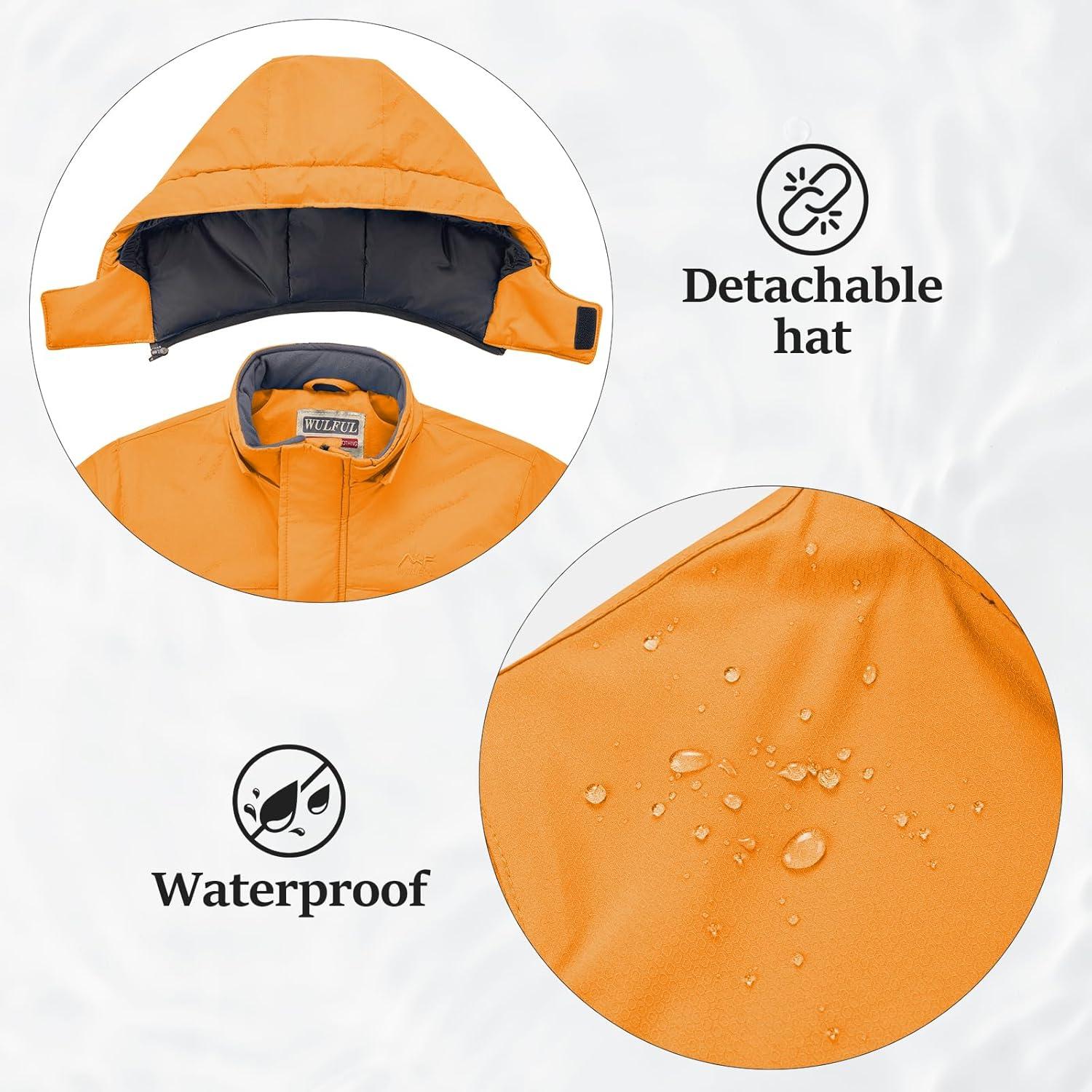 imageWULFUL Kids Waterproof Ski Jacket Warm Fleece Hooded Boys and Girls Winter Snow Coat OutwearWindproof RainCoatOrange