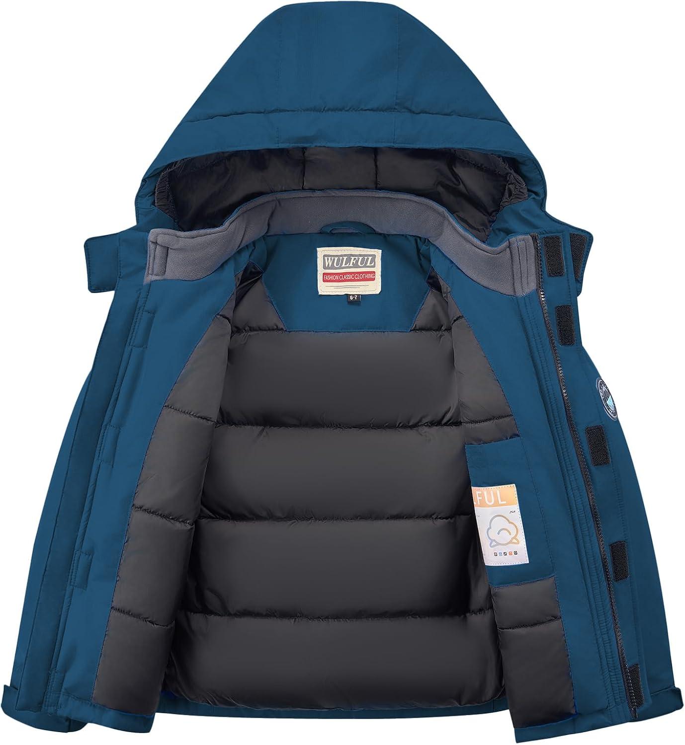 imageWULFUL Kids Waterproof Ski Jacket Warm Fleece Hooded Boys and Girls Winter Snow Coat OutwearWindproof RainCoatPeacock Blue