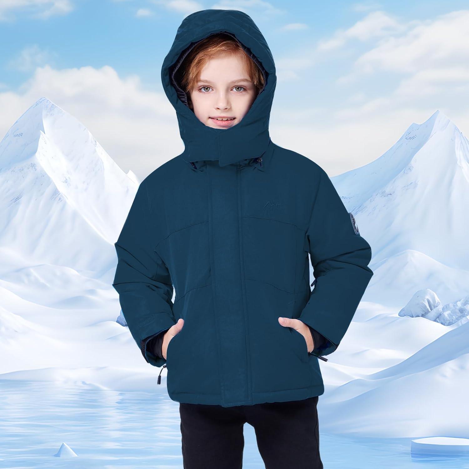 imageWULFUL Kids Waterproof Ski Jacket Warm Fleece Hooded Boys and Girls Winter Snow Coat OutwearWindproof RainCoatPeacock Blue
