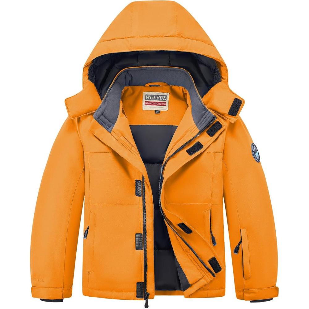 imageWULFUL Kids Waterproof Ski Jacket Warm Fleece Hooded Boys and Girls Winter Snow Coat OutwearWindproof RainCoatOrange