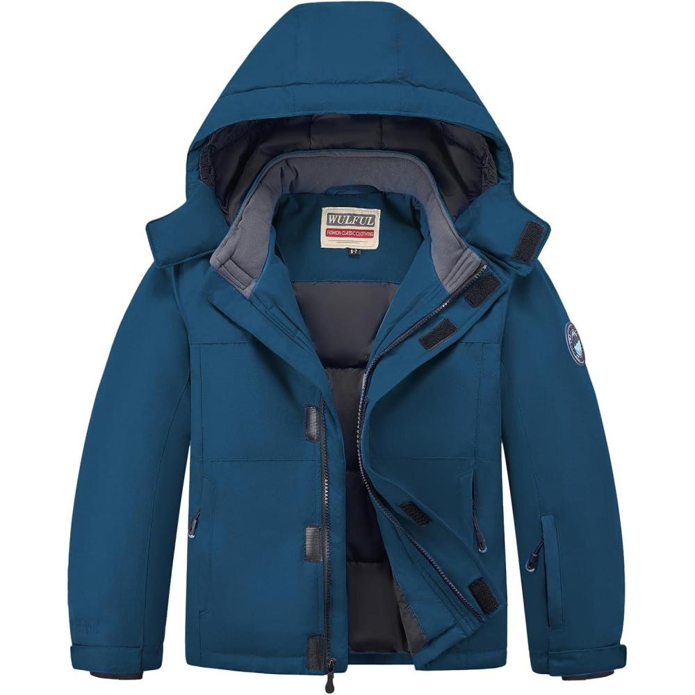 imageWULFUL Kids Waterproof Ski Jacket Warm Fleece Hooded Boys and Girls Winter Snow Coat OutwearWindproof RainCoatPeacock Blue