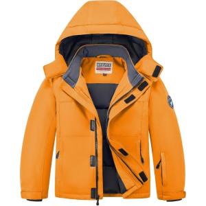 imageWULFUL Kids Waterproof Ski Jacket Warm Fleece Hooded Boys and Girls Winter Snow Coat OutwearWindproof RainCoatOrange