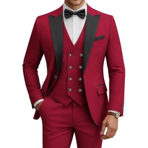 imageWULFUL Mens 3 Piece Suits Slim Fit Tuxedo Suit Set Double Breasted Suit Jacket Vest Pants Set for Wedding PromRed