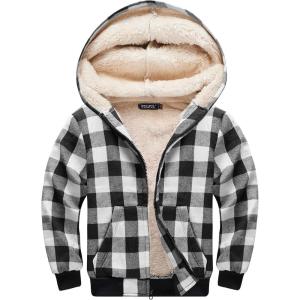 imageWULFUL Boys Flannel Fleece Jackets Plaid Sherpa Hoodie Zip Up Winter Coat 514 YearsBlack 649