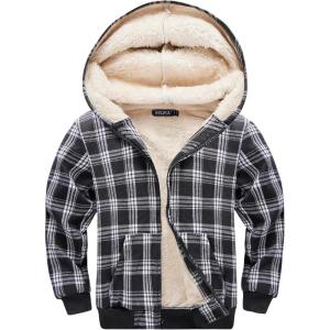 imageWULFUL Boys Flannel Fleece Jackets Plaid Sherpa Hoodie Zip Up Winter Coat 514 YearsBlack 758