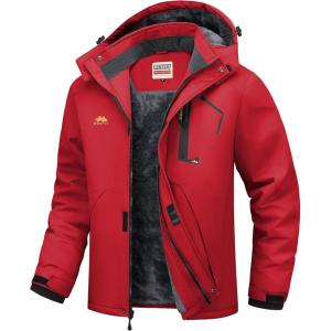 imageWULFUL Mens Ski Jackets Warm Winter Snow Windbreaker Resistant Snowboard Fleece Coat Mountain Waterproof Parka with Hood Red Large