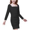 imageWULFUL Girls Square Neck Bodycon Mini Party Dress Ruched Long Sleeve DressBlack