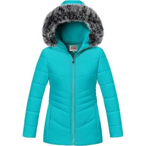 imageWULFUL Girls Winter Parka Coat Long Hooded Waterproof Warm Fleece Puffer JacketTeal