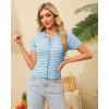 imageWULFUL Womens Short Sleeve Striped Pullover Sweater Cardigan Ribbed Knit Casual V Neck Shirt TopsLake Blue