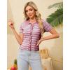 imageWULFUL Womens Short Sleeve Striped Pullover Sweater Cardigan Ribbed Knit Casual V Neck Shirt TopsWine